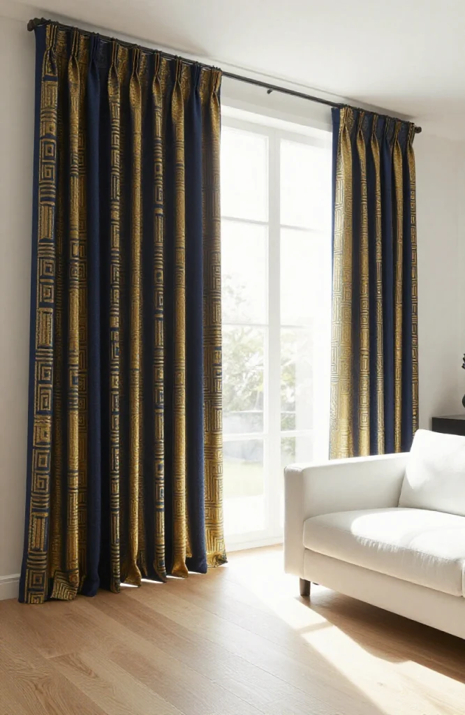 Living room with bold patterned curtains in geometric designs creating dramatic visual impact as statement piece