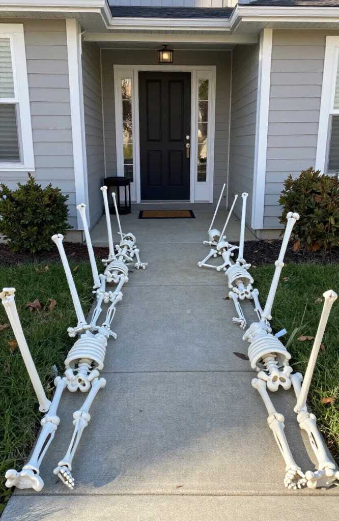 Halloween walkway decorated with white bone fence border lining the path for trick-or-treat night