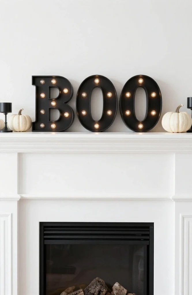 Black and white BOO marquee light displayed on a fireplace mantel as minimal Halloween decoration