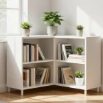 Modern white wall-mounted bookshelves displaying books and decorative items in a compact living room