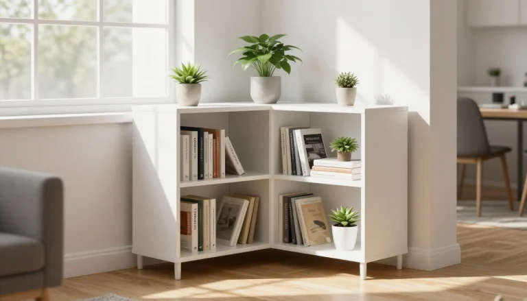 Modern white wall-mounted bookshelves displaying books and decorative items in a compact living room