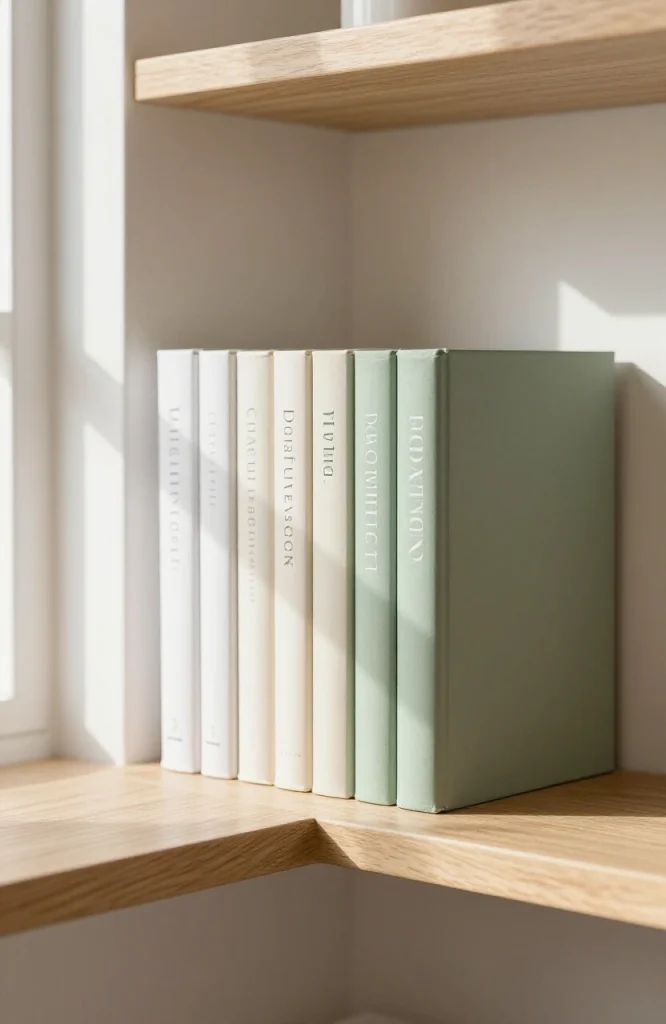 Organized bookshelf with books arranged by color and size to minimize visual clutter in a small space