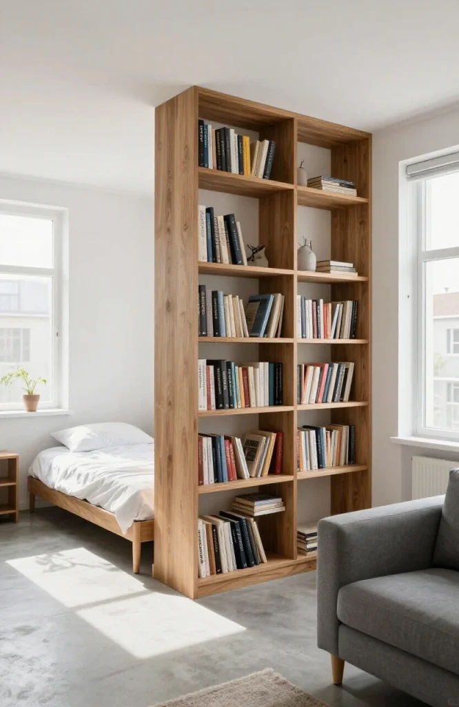 Open wooden bookshelf used as room divider separating living area from bedroom in small apartment