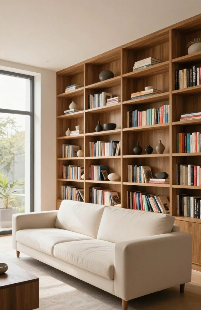 Modern open floor plan living area with tall wooden bookshelves serving as room divider and decorative backdrop