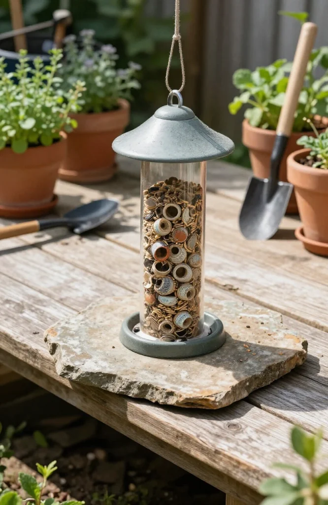 Small bird feeder made from bottle caps arranged on a tray filled with birdseed