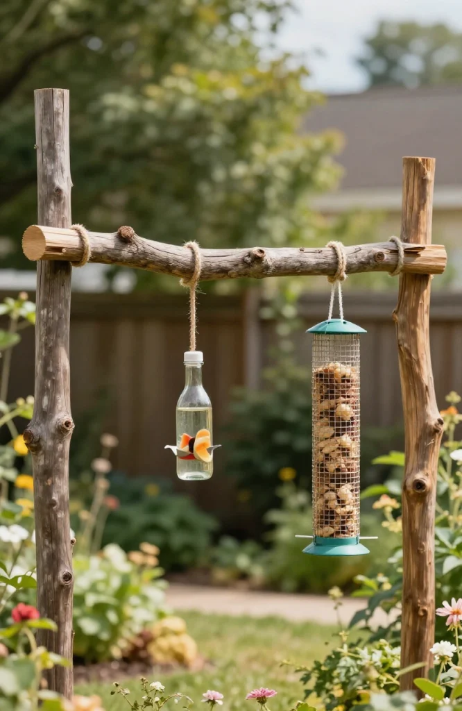 Wooden branch suspended by rope with birdseed attached, hanging from tree branch outdoors