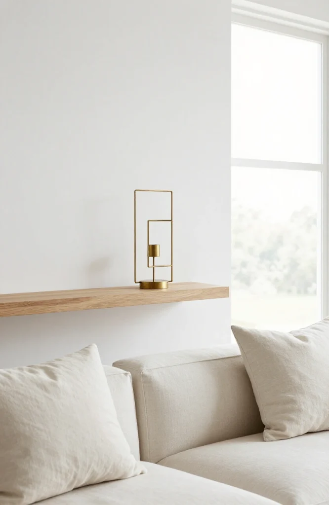 Elegant brass candle holder with lit white candle on wooden surface, minimalist holiday decoration