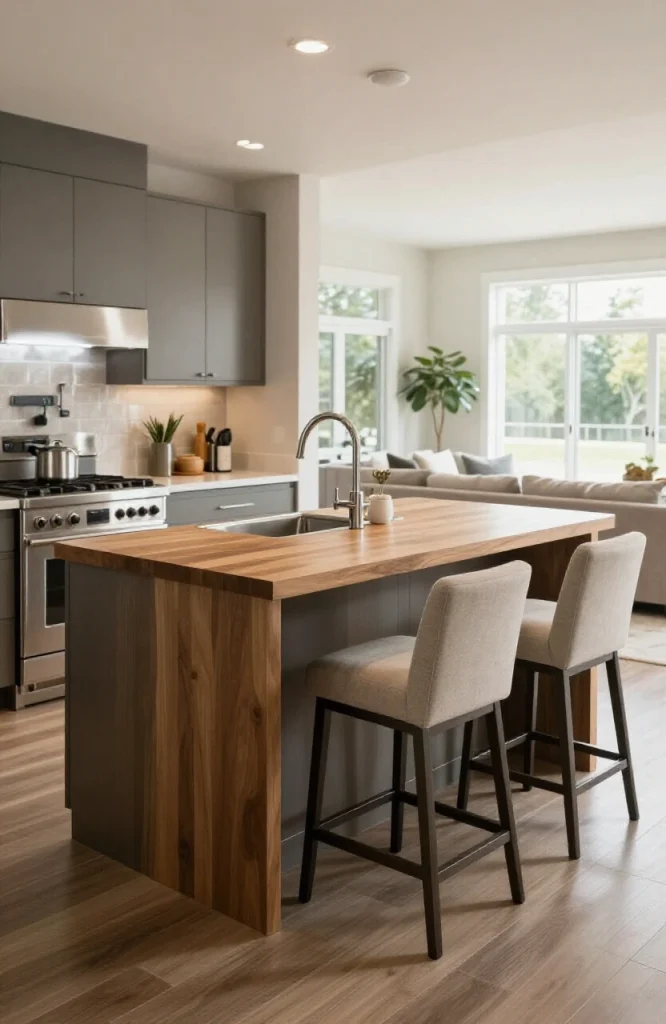 Modern kitchen breakfast bar with seating integrated into open floor plan living space