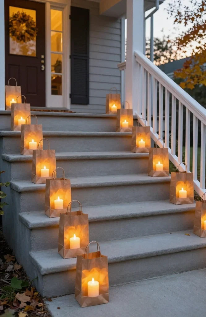 Brown paper bag luminaries with glowing candles placed on each step of a residential walkway for Halloween decoration