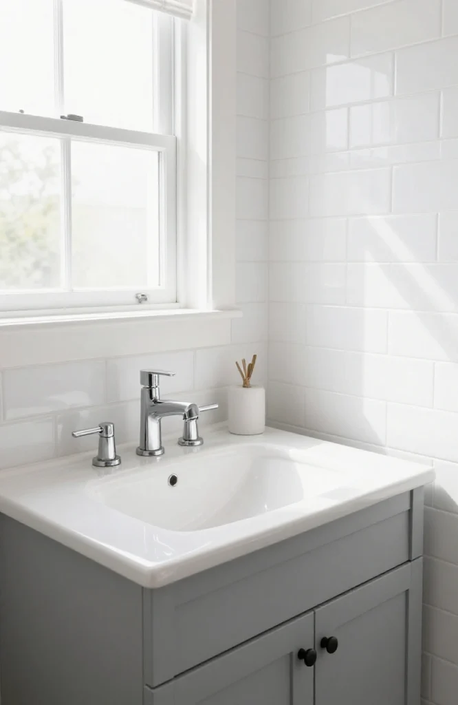Modern corner sink installation in a renovated bathroom with white cabinetry and neutral tile backsplash