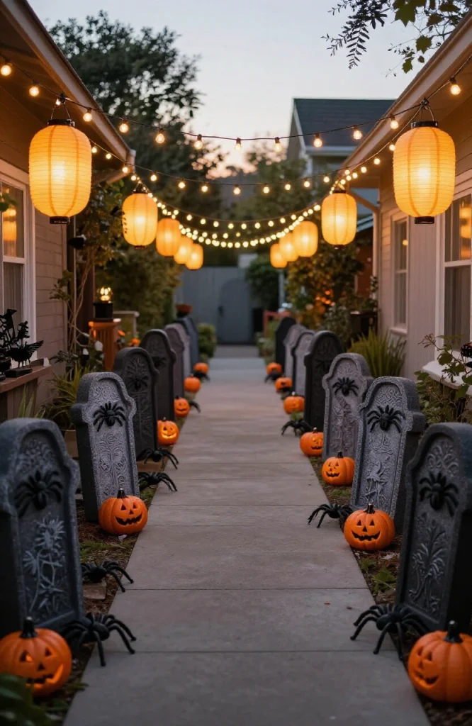 Halloween walkway decorated with dollar store decorations including orange lights, black silhouettes, and seasonal plants