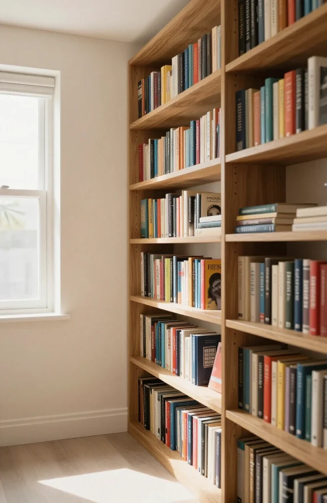 Wooden built-in shelves installed in closet maximizing vertical storage space for books and items