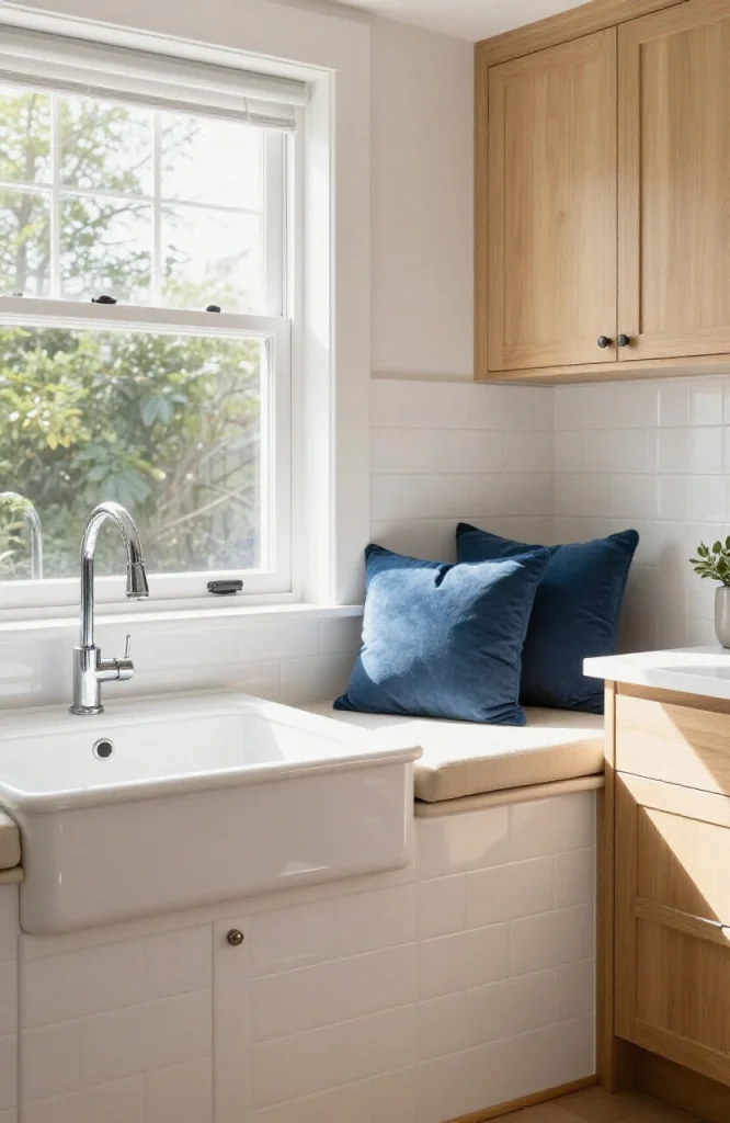 Built-in corner sink installed beside a window with seating area and breakfast nook underneath