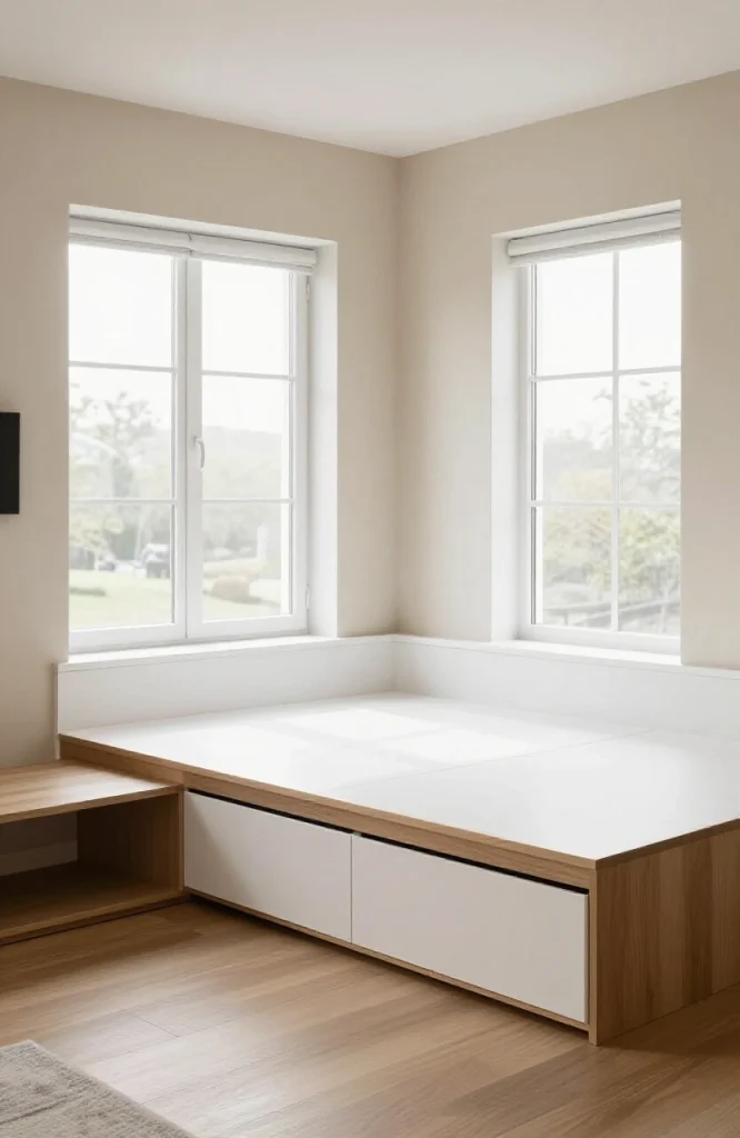 Open floor plan living area with integrated built-in storage cabinets and shelving keeping spaces organized and clutter-free