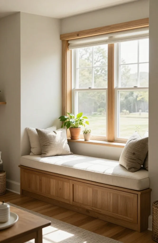 Modern living room with built-in window seat cushioned bench serving as primary seating beneath large windows