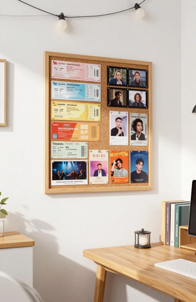 Cork bulletin board displaying ticket stubs, photos and mementos organized on dorm room wall above desk