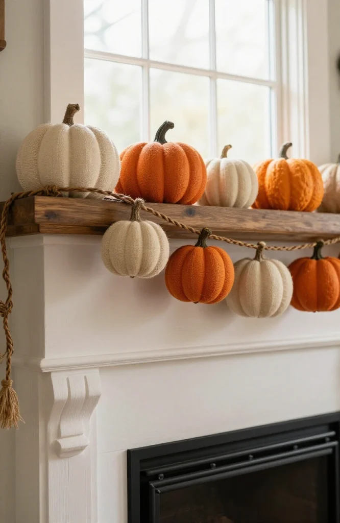 Handmade pumpkin garland with burlap fabric and twine wrapped around fireplace mantel