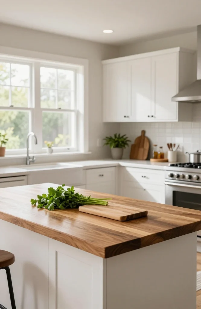 Butcher block wood countertop section installed in kitchen next to existing cabinets