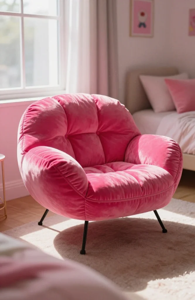 Modern bedroom featuring a colorful butterfly chair with metal frame and fabric seat, positioned near a window with natural l