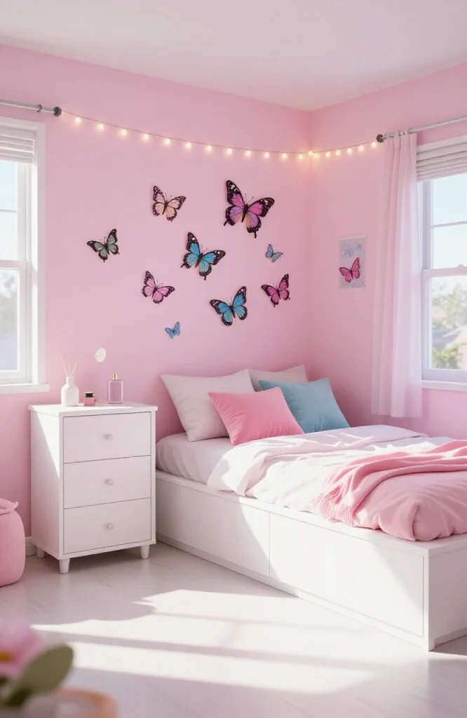 Y2K bedroom featuring purple butterfly wall decals, butterfly bedding, and butterfly-shaped mirror accents