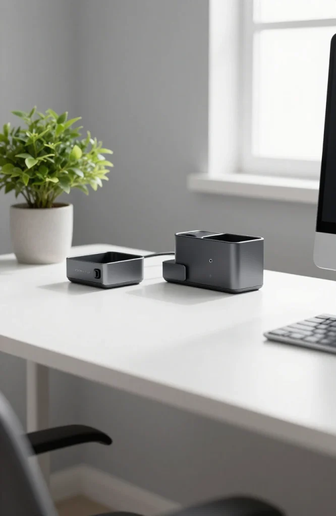 Organized cables wrapped with velcro straps and clips mounted on desk without drilling