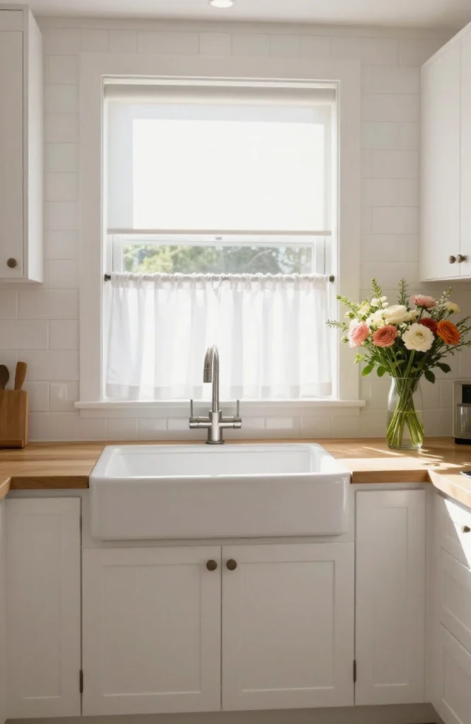 White café curtains hanging on a kitchen window above the sink