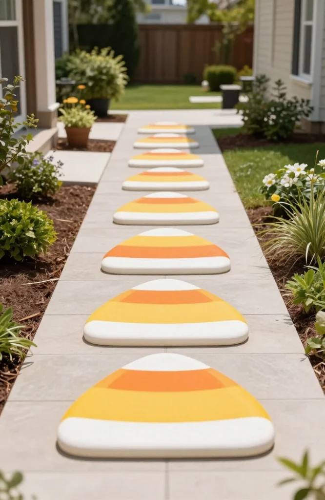 Orange, yellow, and white stepping stones arranged in candy corn color pattern along a Halloween walkway