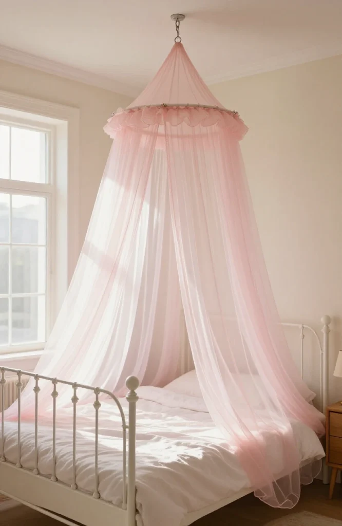 White sheer canopy mosquito net draped over bed creating romantic Y2K bedroom style with layered fabric effect