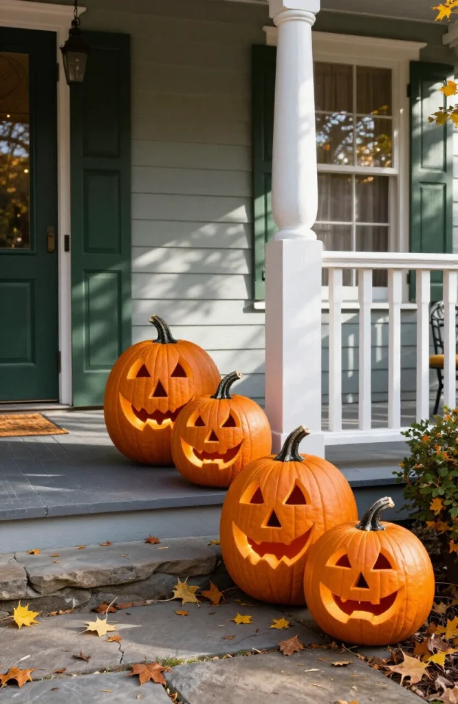 Multiple carved jack-o-lanterns with glowing faces arranged along a home's front walkway entry for Halloween decoration