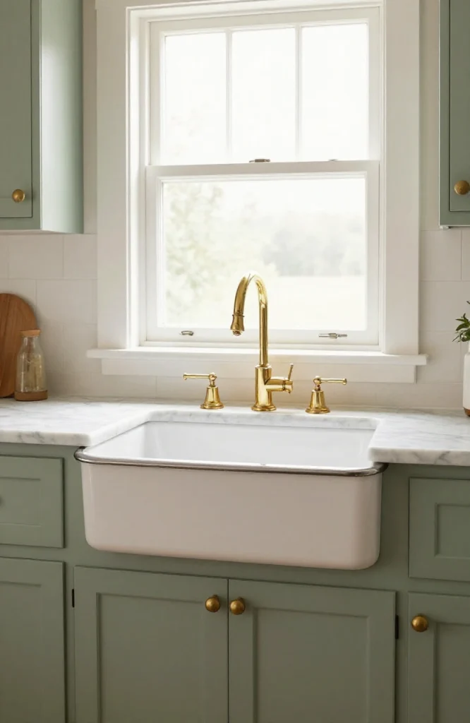 White cast iron enamel corner sink installed in kitchen corner with chrome faucet and fixtures