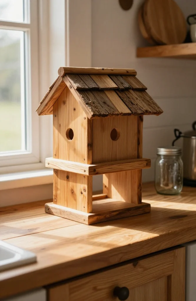Wooden hopper bird feeder with cedar shake roof design, filled with birdseed