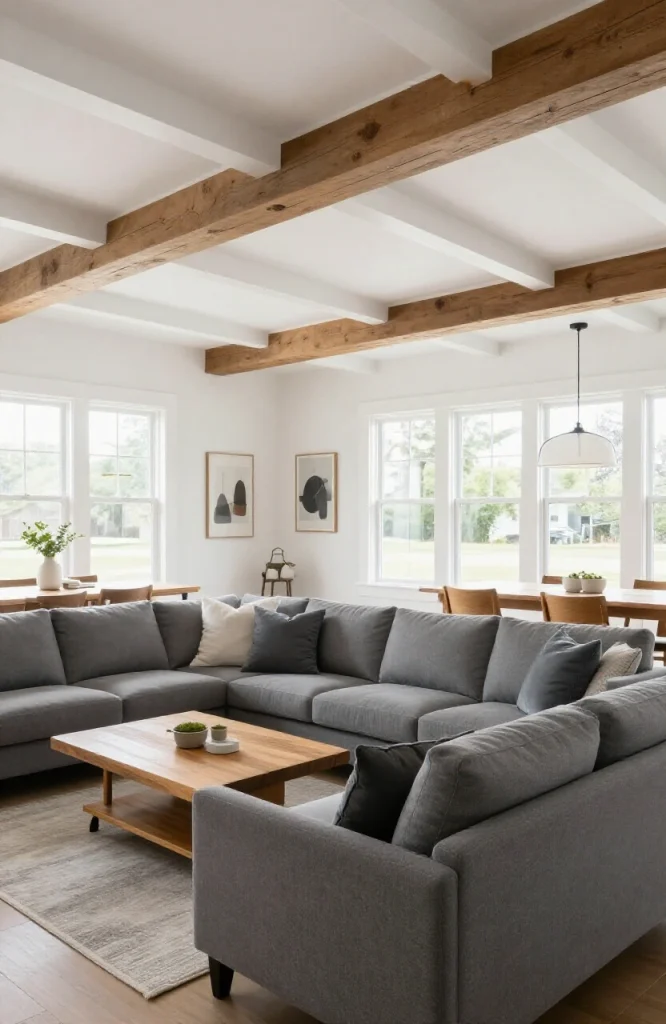 Open floor plan living space with decorative ceiling treatments creating distinct zones between kitchen and dining areas