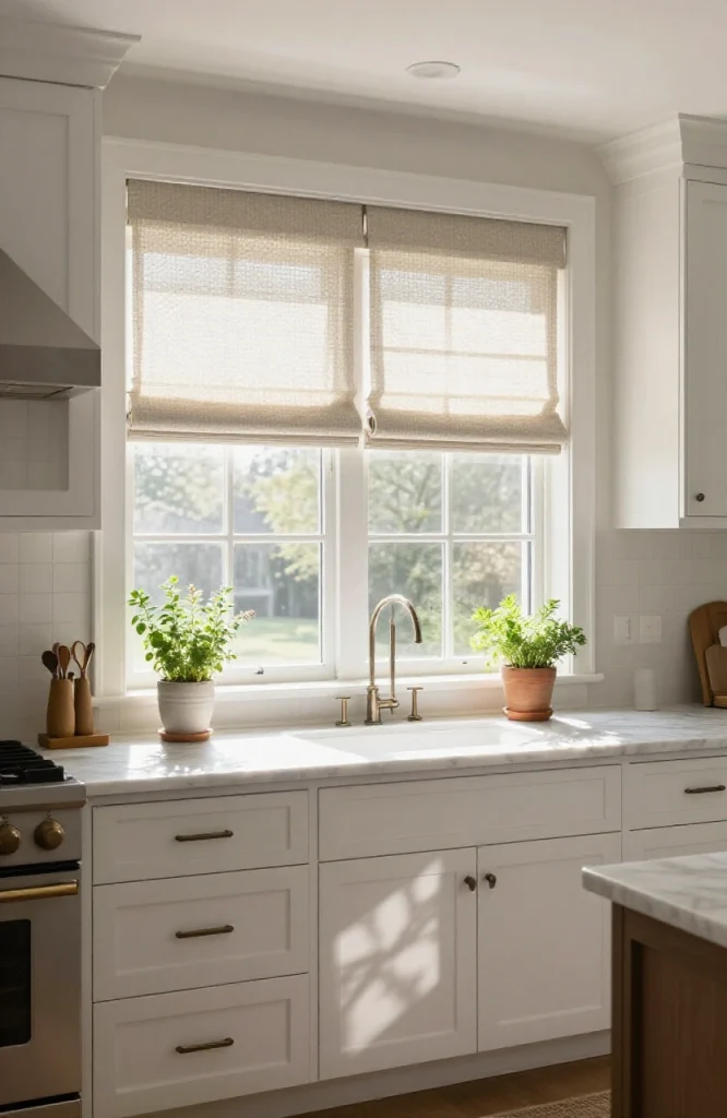 White cellular shades installed on a bright kitchen window above the sink counter