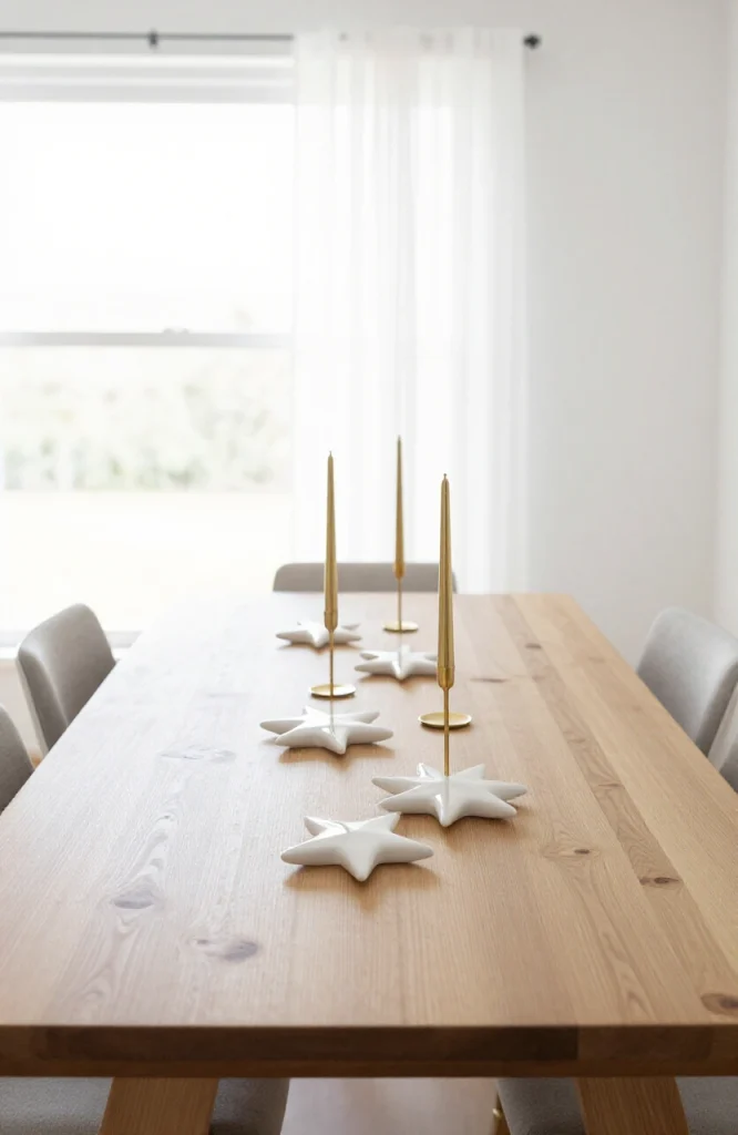 White ceramic star ornaments arranged on a clean dining table with neutral holiday decor