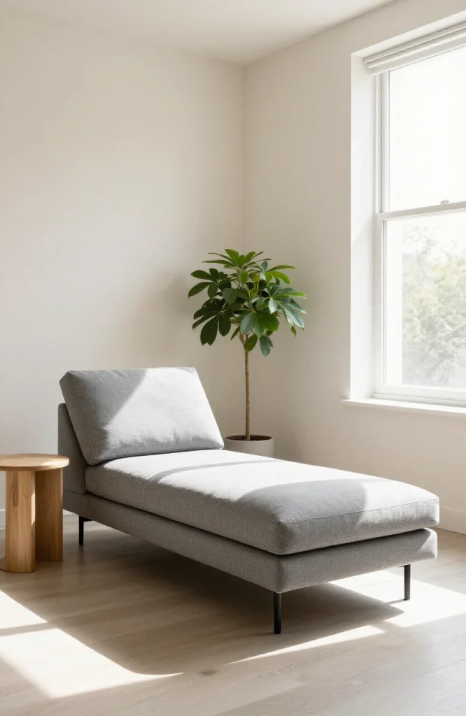 Modern living room featuring a single chaise longue as the primary seating piece with minimal decor and neutral tones