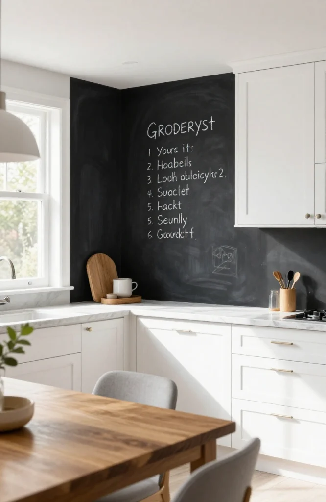 Wall decorated with black chalkboard contact paper with colorful chalk drawings and text