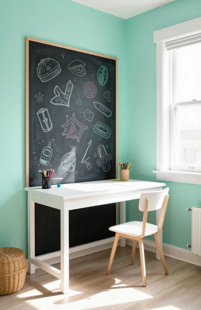 Bedroom with dark chalkboard wall panel painted in matte black featuring white chalk writing and sketches as decorative accen