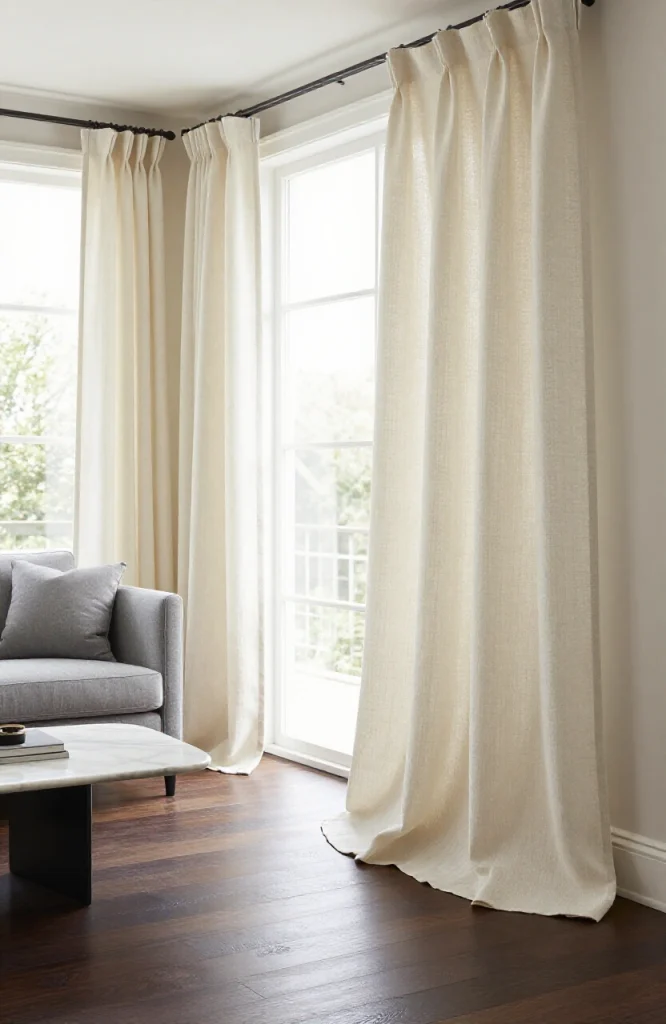 Living room with floor-to-ceiling curtains demonstrating proper curtain length measurement and hanging height