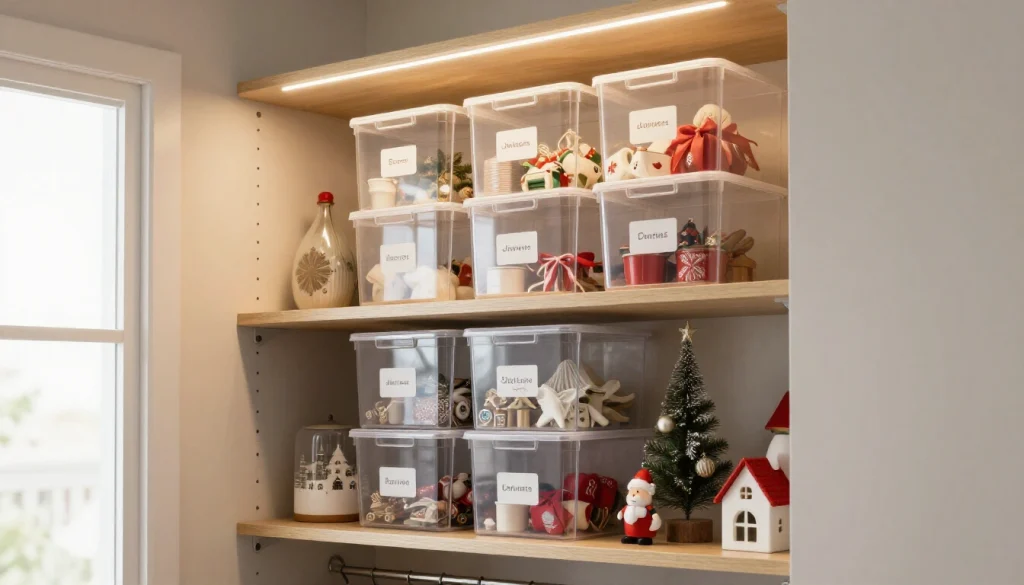 Organized plastic bins with labeled Christmas decorations stacked in a compact apartment closet space