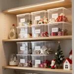 Organized plastic bins with labeled Christmas decorations stacked in a compact apartment closet space