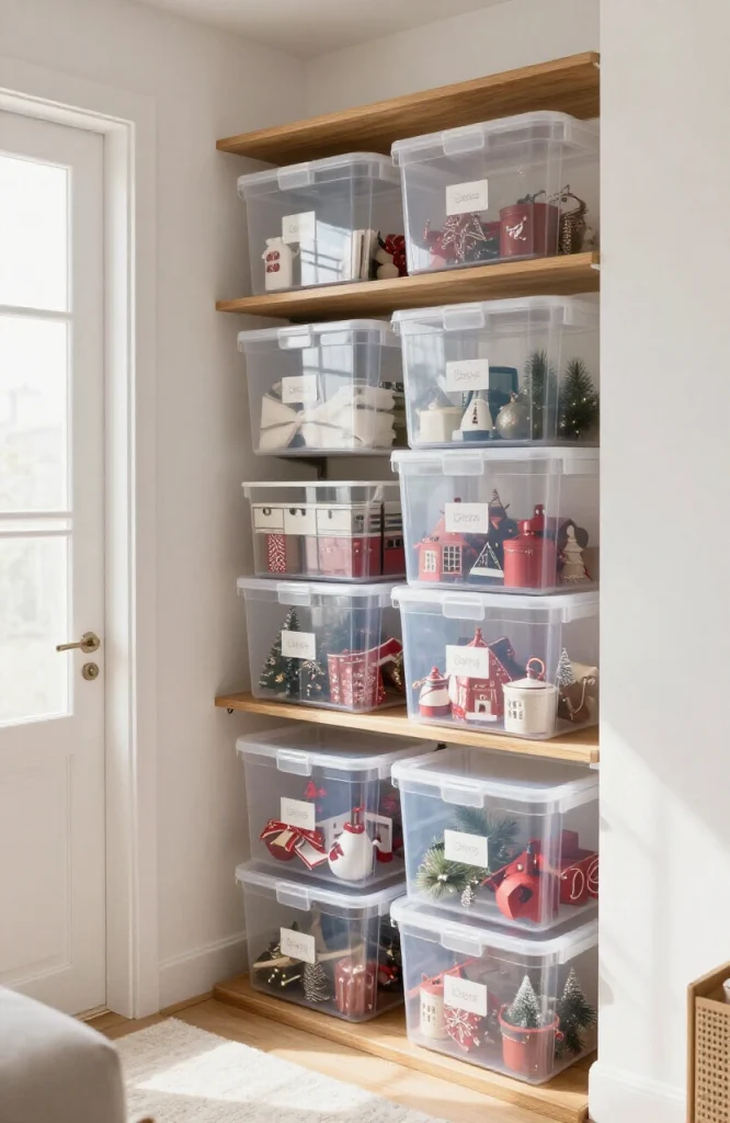 Sealed plastic storage containers with desiccant packets and pest deterrents protecting Christmas decorations from humidity a