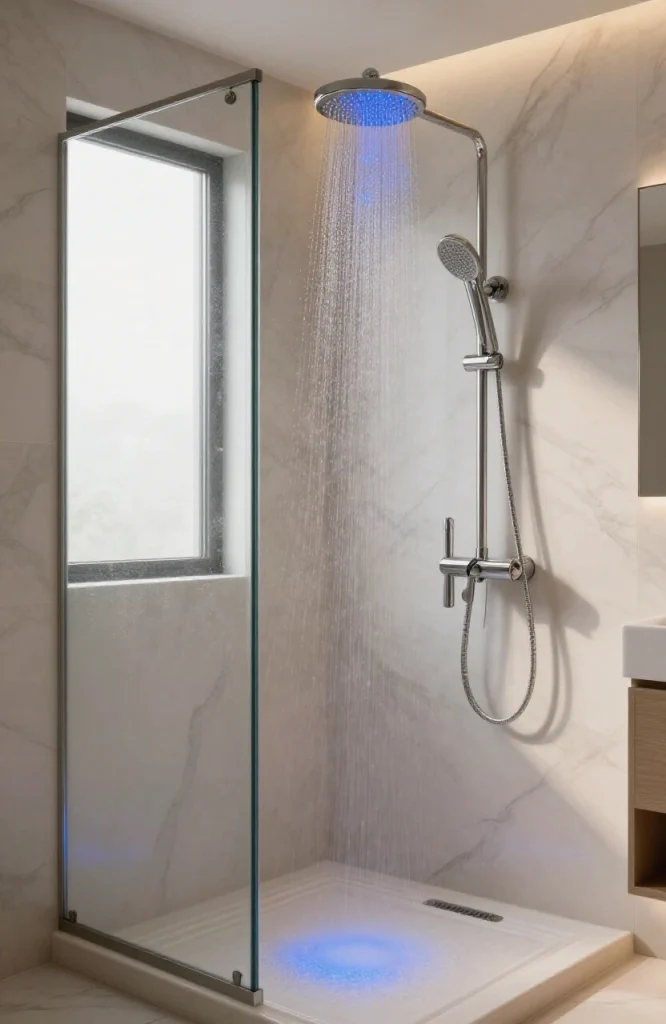 Steam shower interior with chromatherapy LED lights in blue and purple hues creating spa-like color therapy atmosphere