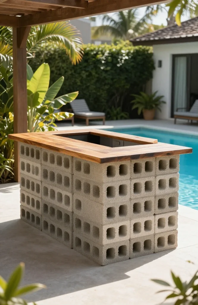 DIY poolside bar made from stacked cinder blocks with wooden plank countertop and shelving