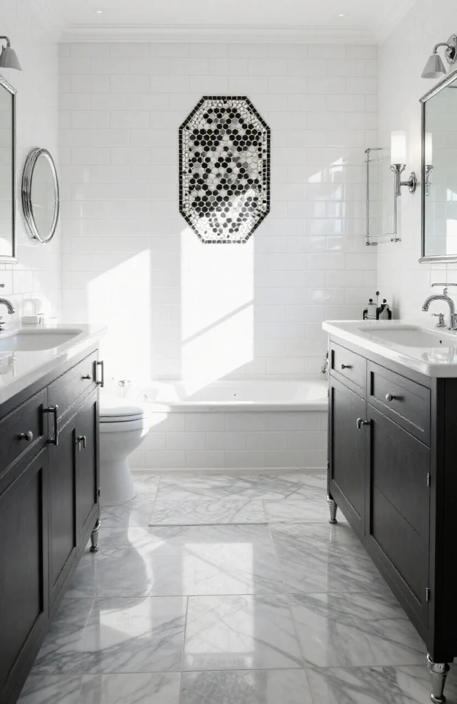 White subway tiles arranged in horizontal brick pattern on bathroom wall with chrome fixtures