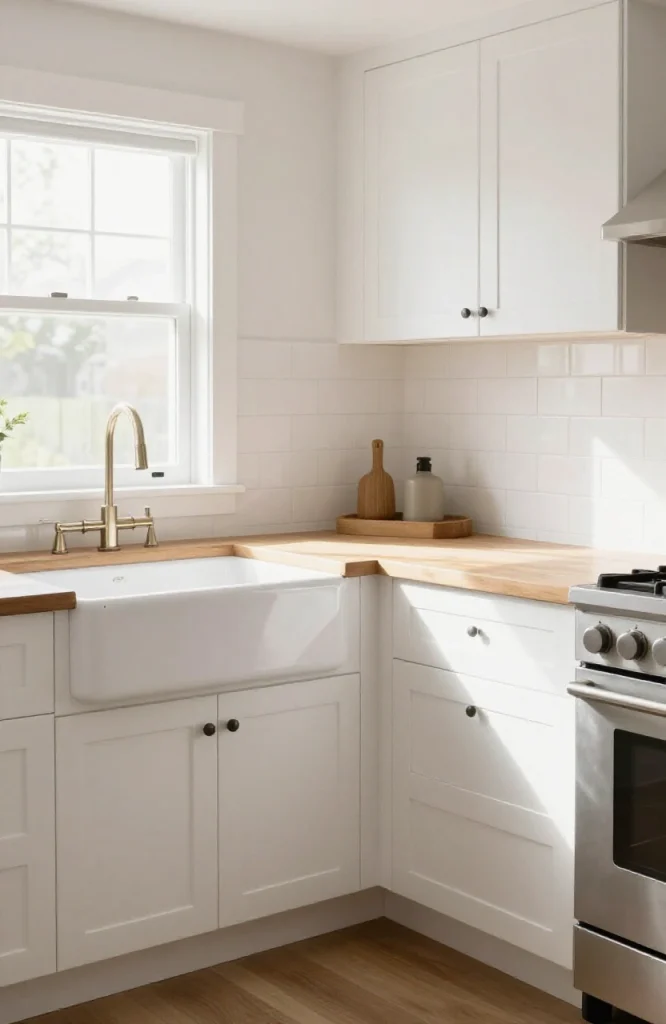 White farmhouse corner sink with vintage faucet in kitchen cabinet setup