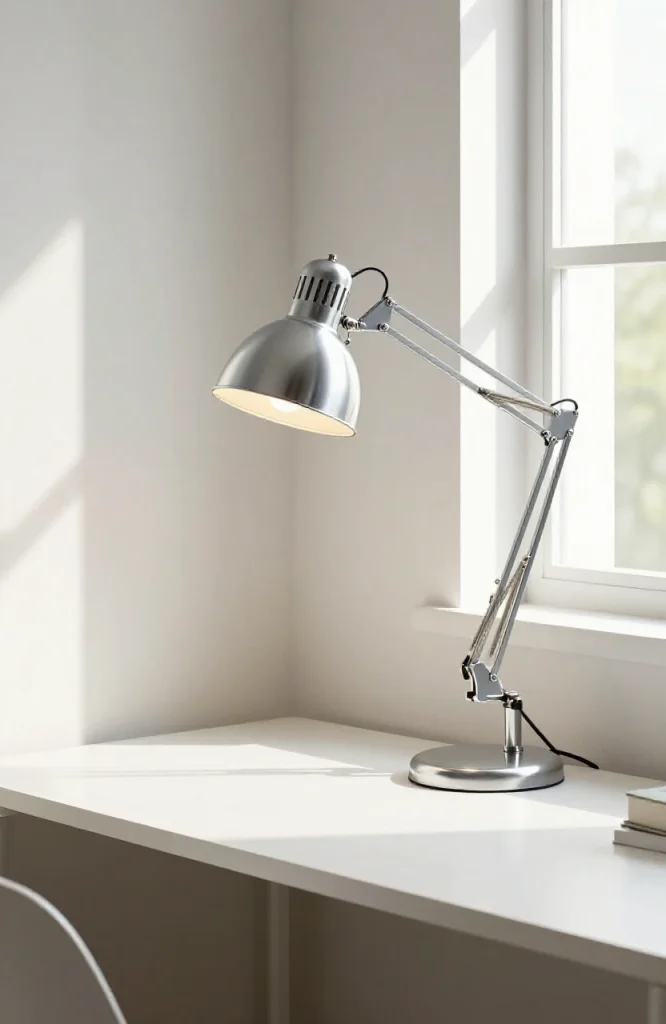 Silver clip-on swing-arm desk lamp mounted to wooden desk in 2000s themed bedroom with purple accents