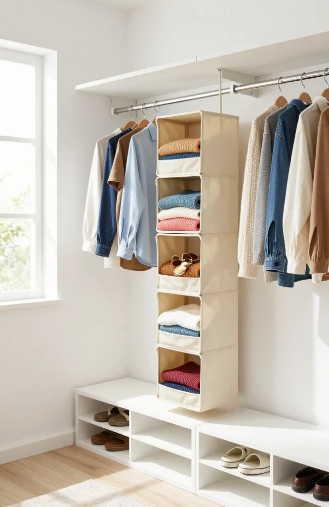 Installed closet organizers with hanging shelves and storage boxes maximizing space in a small dorm room closet