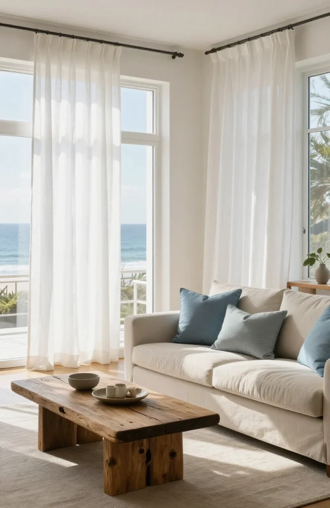 Coastal style curtains in light blue and white stripes framing windows in a bright beachy living room with nautical decor