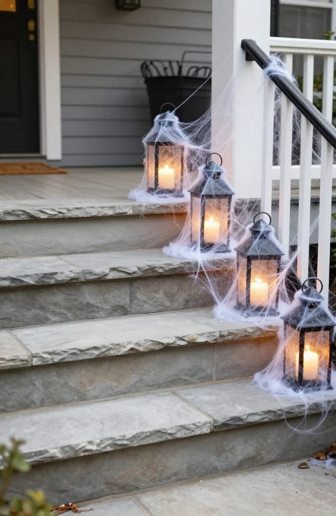 Halloween walkway lined with glowing lanterns draped in white cobwebs for trick-or-treat night decoration