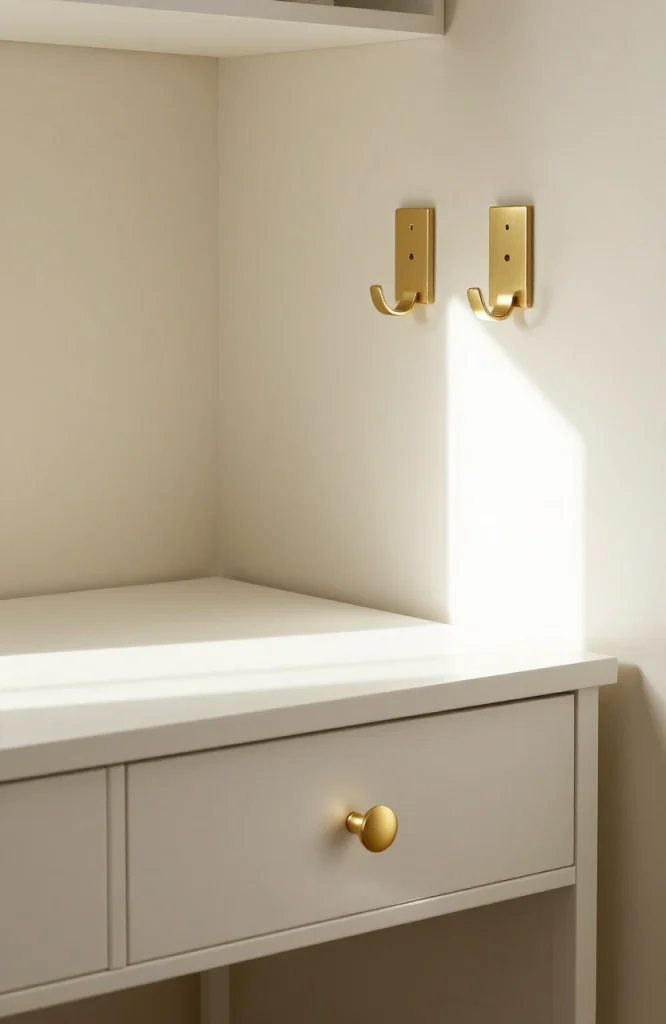 Dorm room drawer with matching gold hardware handles demonstrating cohesive metallic finish for small space decorating